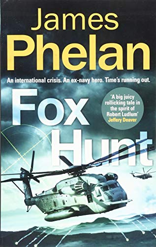 Book cover: "Fox Hunt" thriller with helicopters in stormy skies.