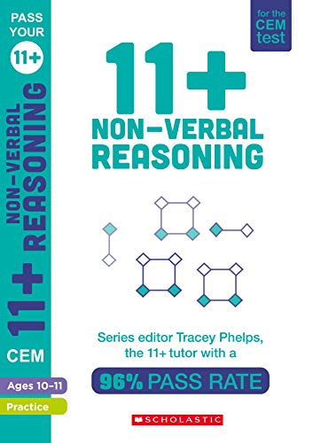 Book cover for 11+ non-verbal reasoning practice, teal and purple design.