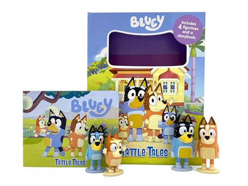 Bluey storybook set with four character figurines displayed in front of the packaging.