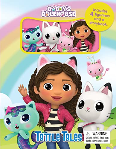 Gabby's Dollhouse book cover with Gabby, Pandy Paws, and colorful cat figurines.