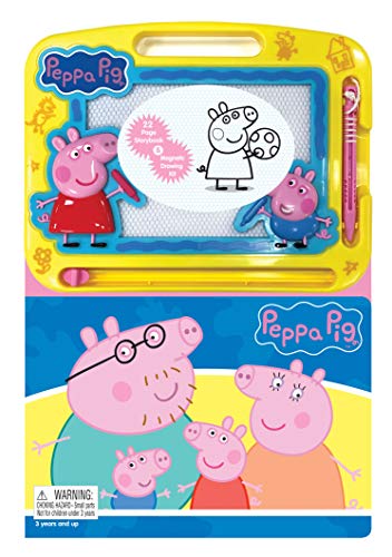 Peppa Pig magnetic drawing board with characters and coloring book below.