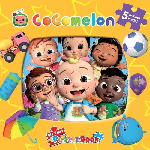 Cocomelon puzzle book cover with diverse babies and colorful toys.