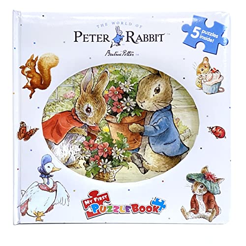 Peter Rabbit puzzle book cover with illustrations of animals and flowers.