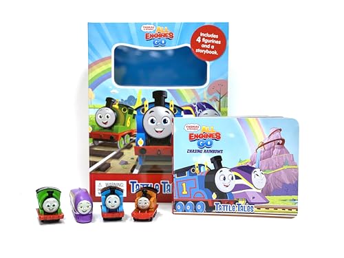 Thomas & Friends" toy set with train figurines and a storybook.
