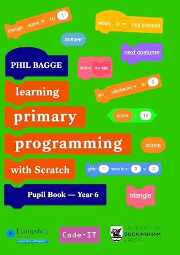 Pupil book cover for Year 6 programming with Scratch, green background.