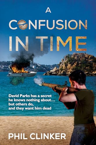 Book cover: man with gun, burning boat, coastal landscape.