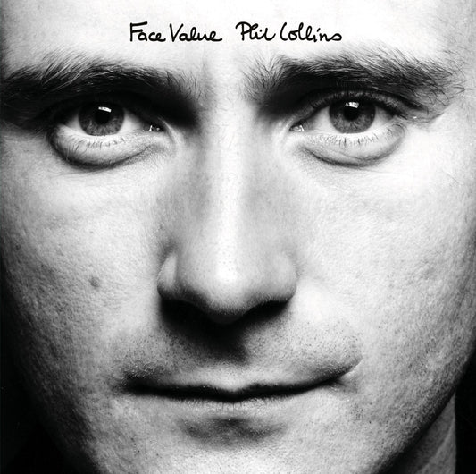 Black and white close-up portrait of Phil Collins for the album "Face Value".