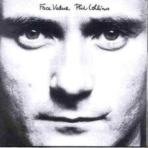 Close-up black and white portrait of Phil Collins for the album Face Value.