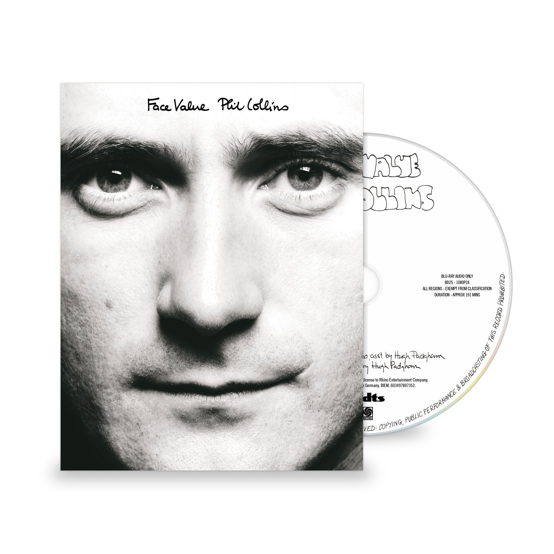Phil Collins “Face Value” Blu-ray with black and white portrait.