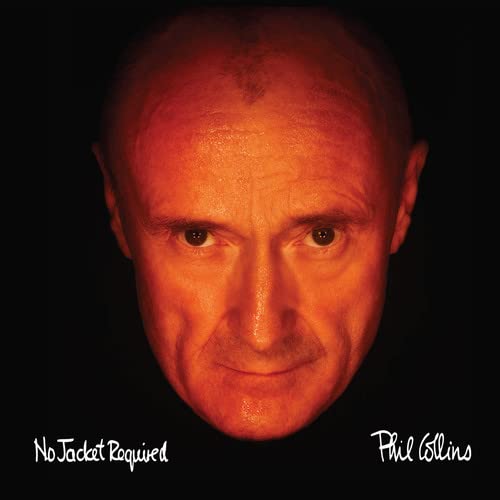 Close-up portrait of Phil Collins with orange lighting, album cover.