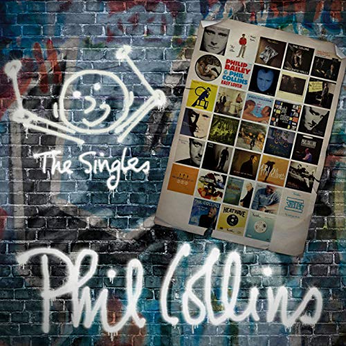 Phil Collins “The Singles” vinyl record cover against a brick wall.