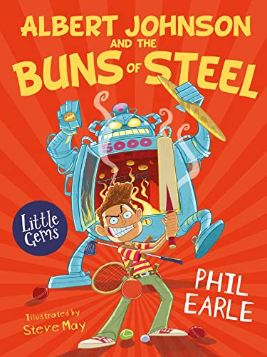 Book cover: boy with robots, tennis rackets, and colorful text.