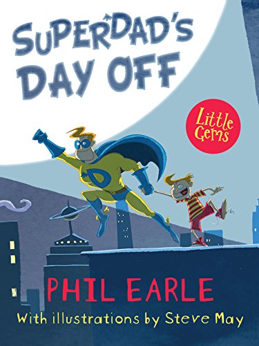 Book cover: superhero dad flying with a boy over a city.