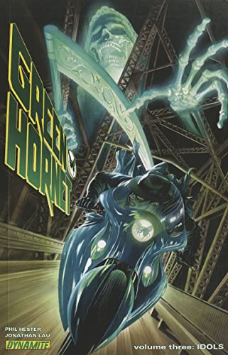 Green Hornet on a motorcycle, ghostly figure looming above, comic book cover.