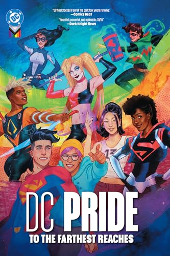A group of diverse DC superheroes posing against a colorful, rainbow-themed background.