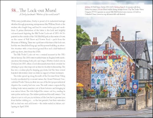 Book page showing a colorful mural of a silk mill on a building’s side.