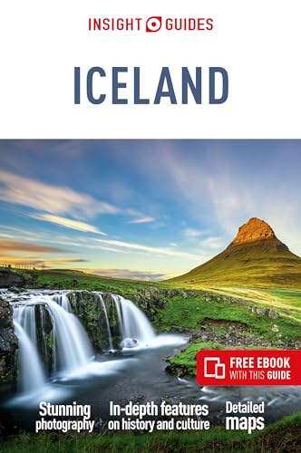 Insight Guides Iceland travel book cover with waterfall and mountain landscape.