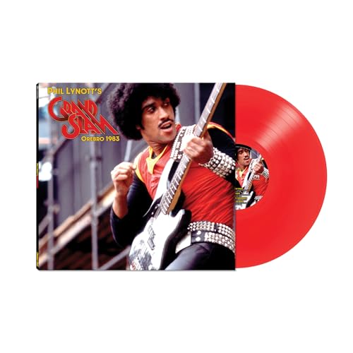 Phil Lynott playing bass guitar on album cover with red vinyl record.