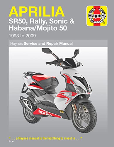 Haynes service and repair manual cover featuring a white and red Aprilia SR50 scooter.