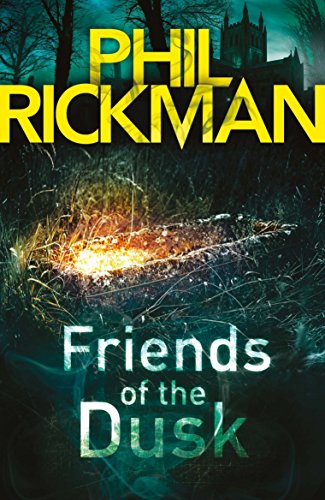 Book cover: dark landscape, glowing embers, and large yellow text reading "Phil Rickman.