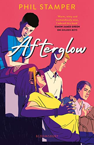 Book cover for Afterglow by Phil Stamper featuring four illustrated teenagers against pink background.