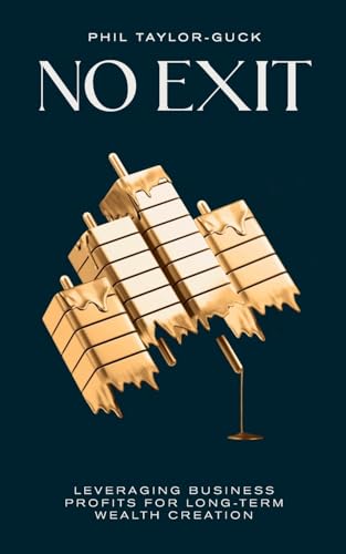 Book cover: "No Exit" with melting gold blocks on a teal background.