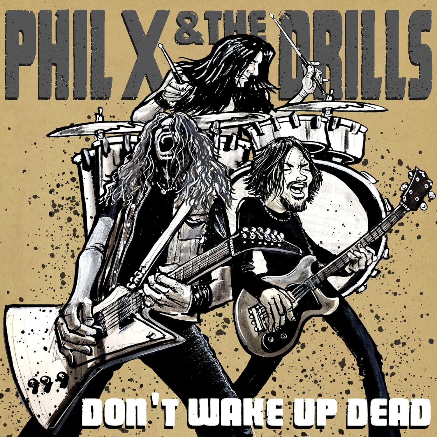 Comic-style illustration of Phil X & The Drills band members playing instruments.