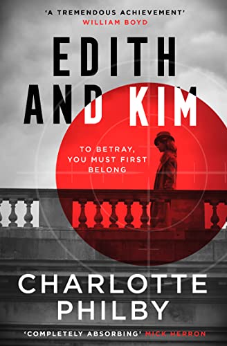 Book cover: "Edith and Kim" with a woman in a red circle, spy theme.