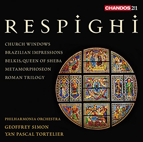 CD cover featuring colorful stained glass windows and composer Respighi’s name.