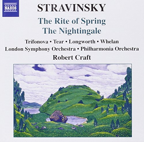 CD cover featuring Stravinsky music text above a painting of a green hilly landscape.