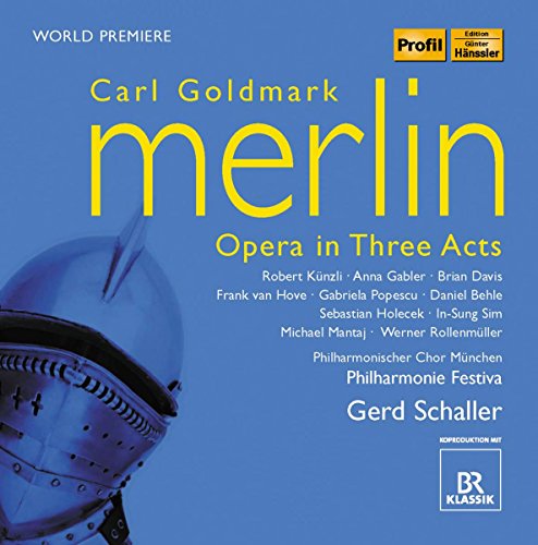 CD cover for Carl Goldmark’s opera *Merlin*, featuring a knight’s helmet.