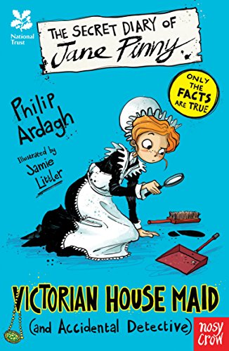 Book cover illustration of a Victorian house maid examining a stain with a magnifying glass.