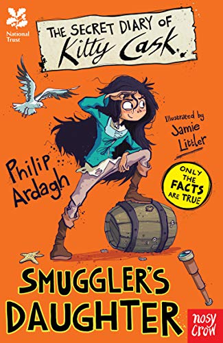 Book cover: girl with seagull, barrel, and spyglass on orange background.