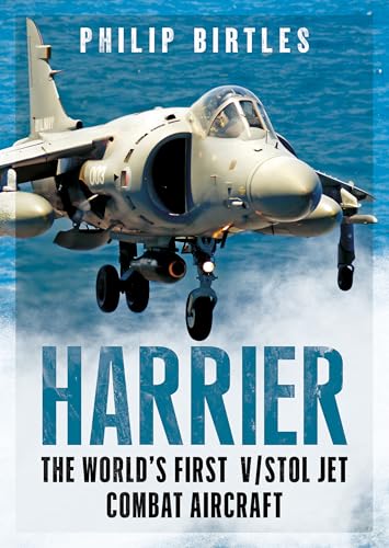 Harrier jet with rotating nozzles, landing gear down, book cover.