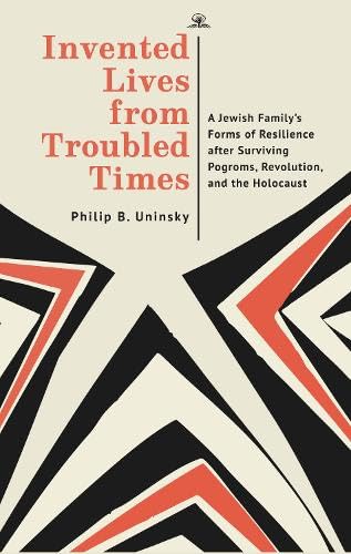 Book cover with abstract black and red geometric design, beige background.