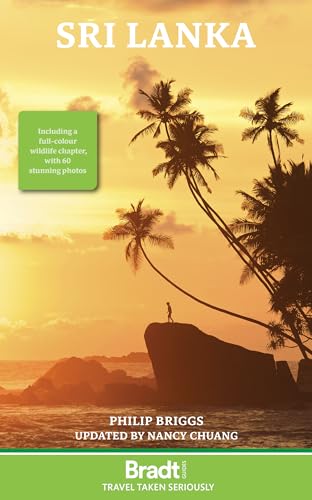 Sri Lanka travel guide cover with palm trees and a cliffside view.