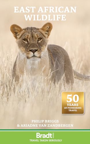 Book cover featuring a lion in tall grass, titled "East African Wildlife".