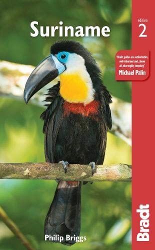Suriname travel guide cover with a colorful toucan perched on a branch.