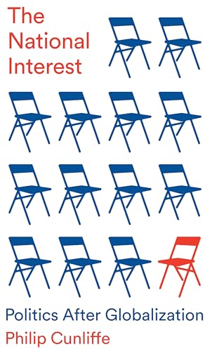 Book cover: blue chairs with one red chair, title "The National Interest".