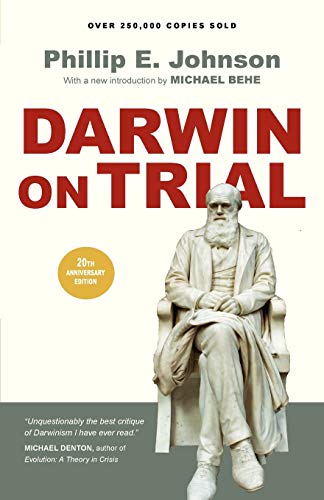 Book cover: "Darwin on Trial" featuring a statue of Charles Darwin.