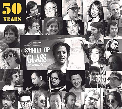 CD cover for Philip Glass Ensemble’s 50 Years, featuring many portraits.