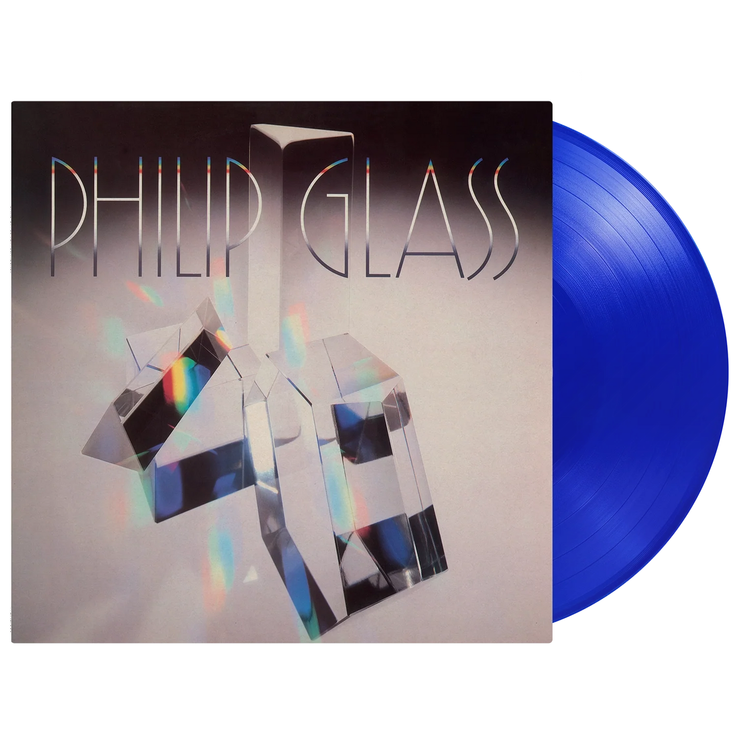 Philip Glass “Glassworks” album cover with a blue vinyl record beside it.