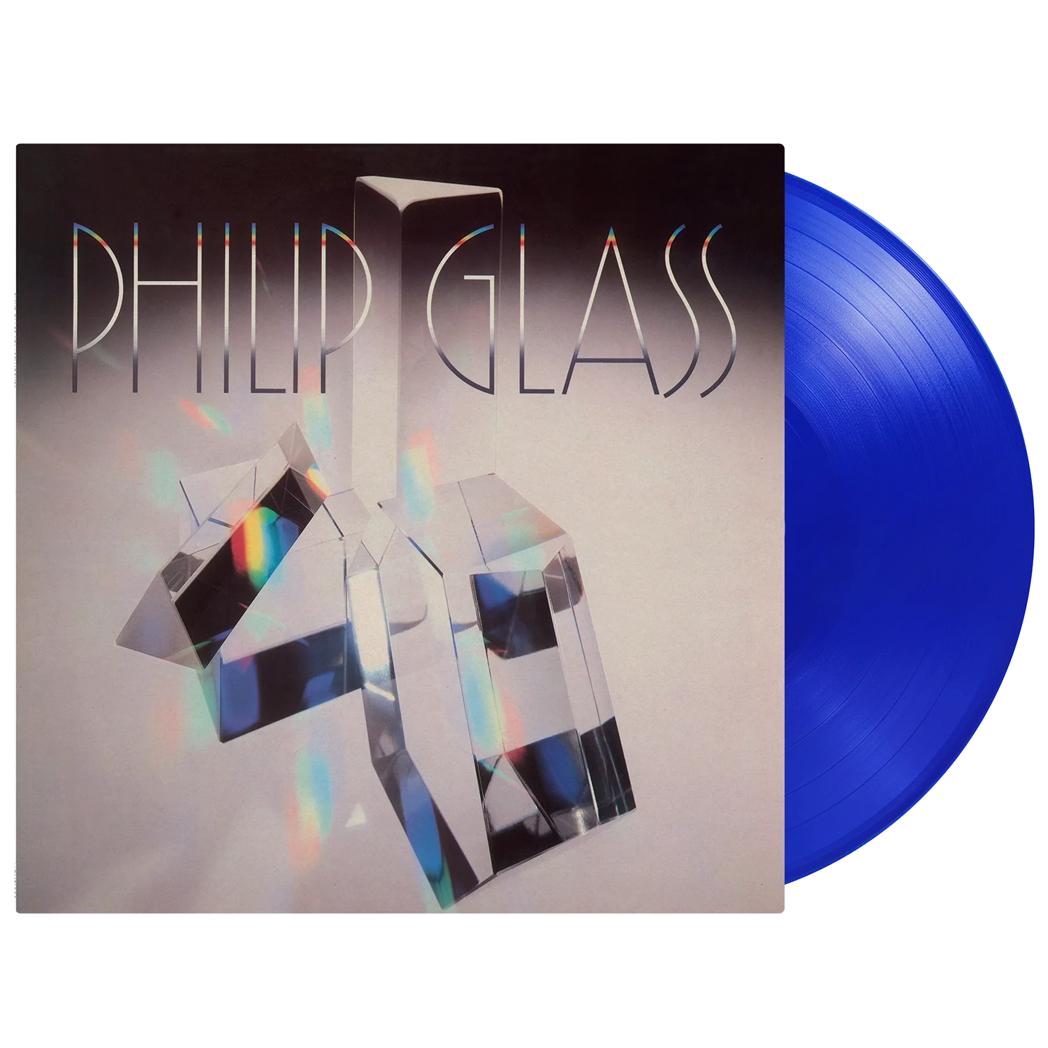 Philip Glass “Glassworks” album cover with a blue vinyl record beside it.