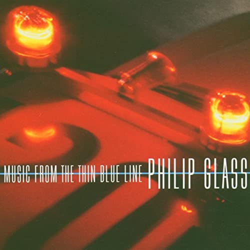CD cover for Philip Glass’ “Music From The Thin Blue Line” with police lights.