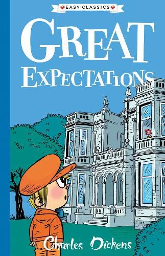 Book cover of “Great Expectations” featuring a boy and large mansion.
