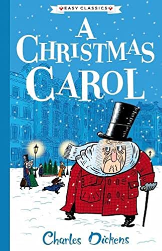 Book cover of "A Christmas Carol" featuring Scrooge in a red coat.