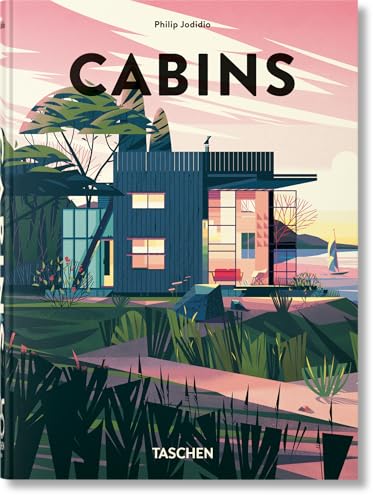 Book cover: illustrated modern cabins with foliage, titled "CABINS".
