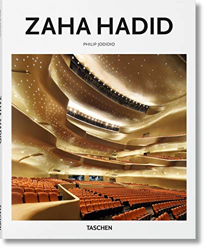 Book cover titled Zaha Hadid featuring a photograph of a modern, curved auditorium interior.