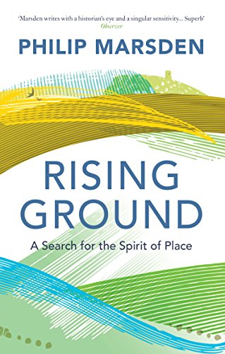 Book cover: “Rising Ground” with abstract landscape and bold blue text.