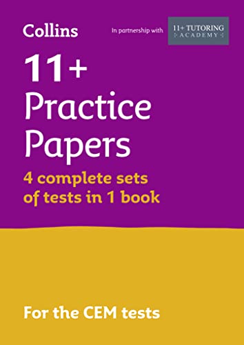 Purple and yellow cover of "11+ Practice Papers" book for CEM tests.